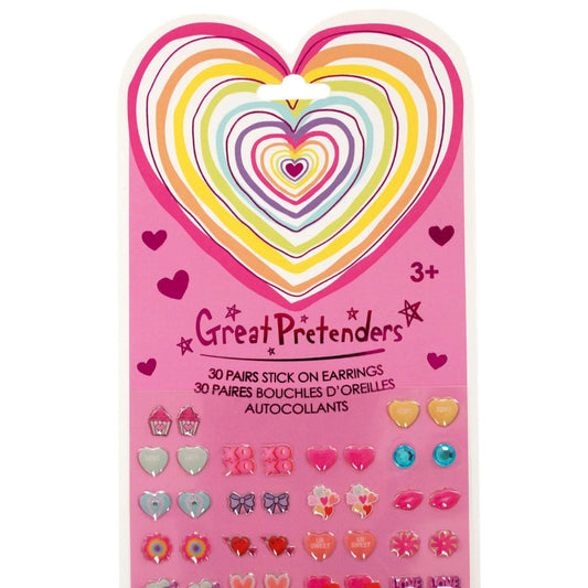 Sheet of 30 pairs of heart and bows sticker earrings from Great Pretenders