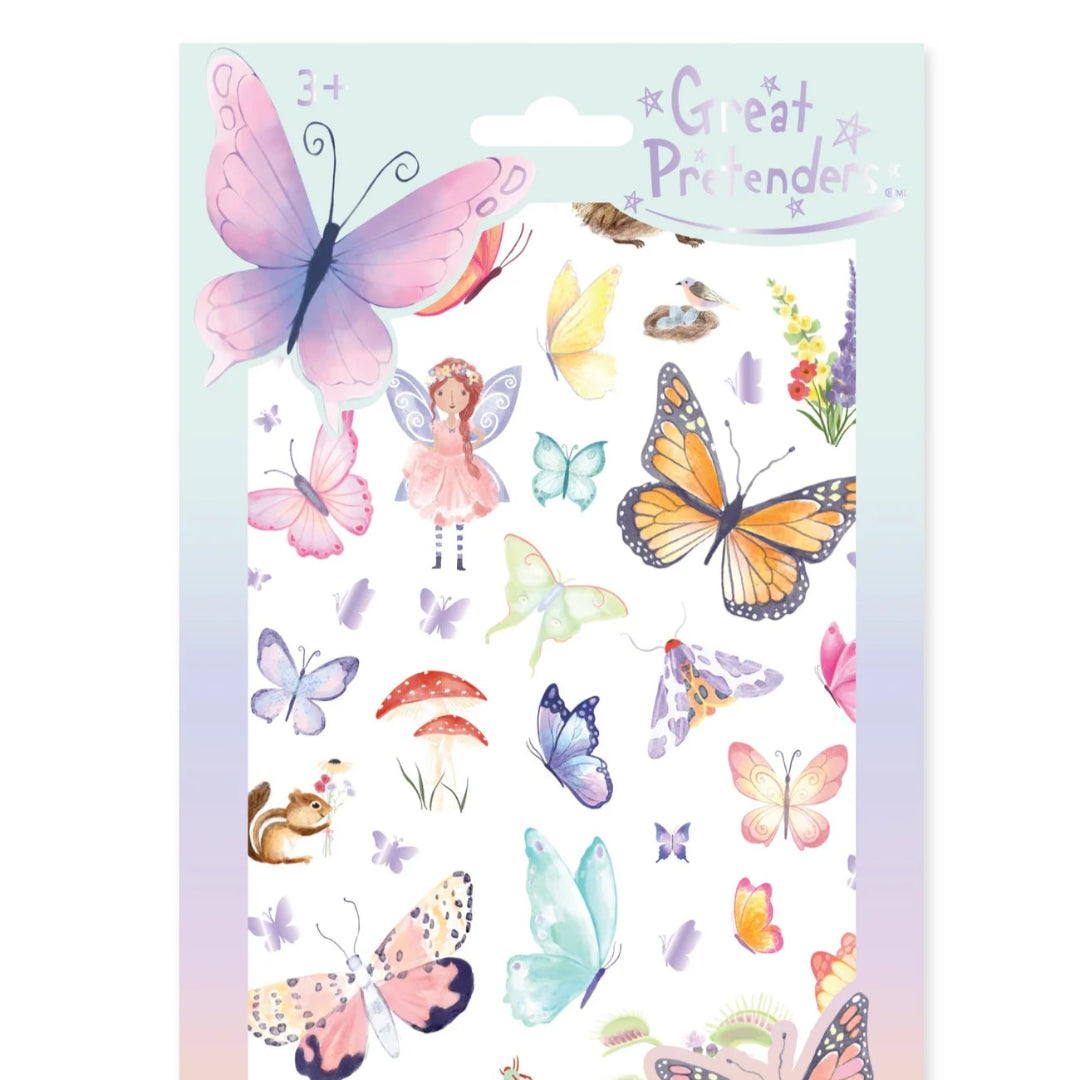Sheet of temporary tattoos featuring fairies, butterflies and whimsical nature inspired designs from Great Pretenders