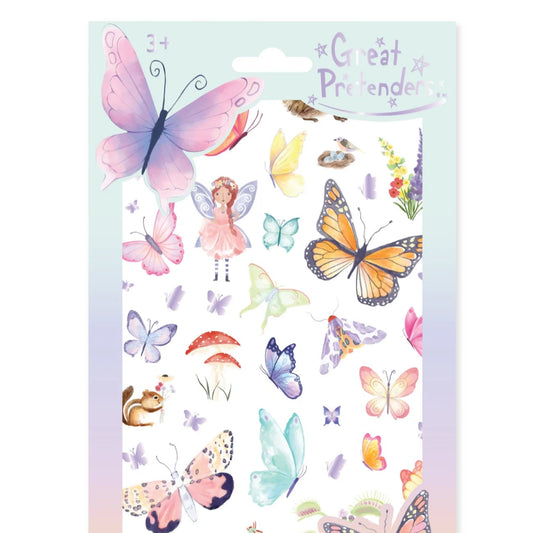 Sheet of temporary tattoos featuring fairies, butterflies and whimsical nature inspired designs from Great Pretenders