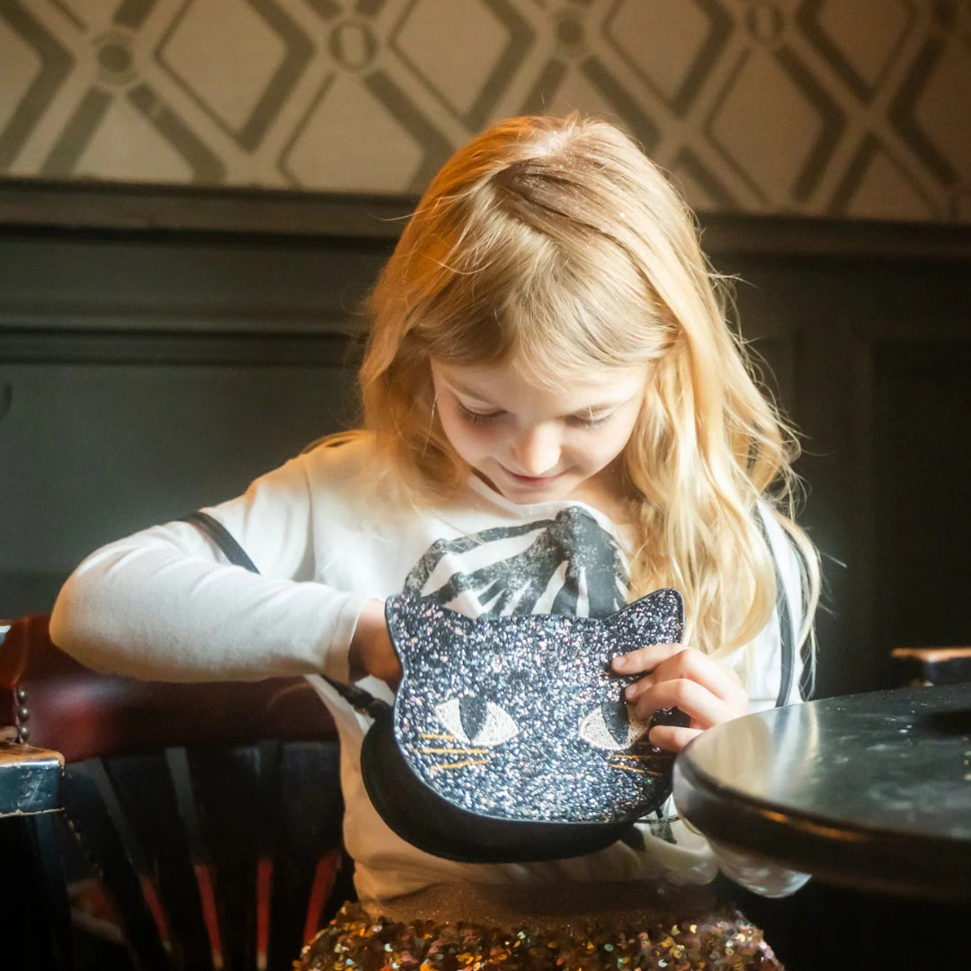 Great Pretenders Cat's Meow Black Chunky Glitter Kitty Purse
