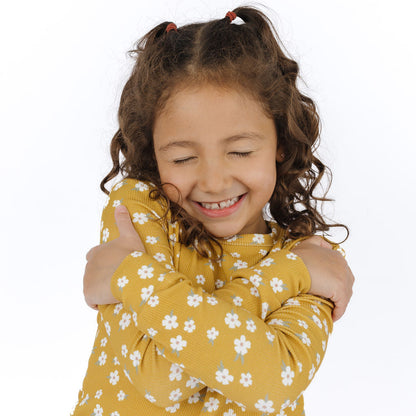 Golden Blooms Two-Piece Ribbed Bamboo Long Sleeve Kids Pajama Pants Set