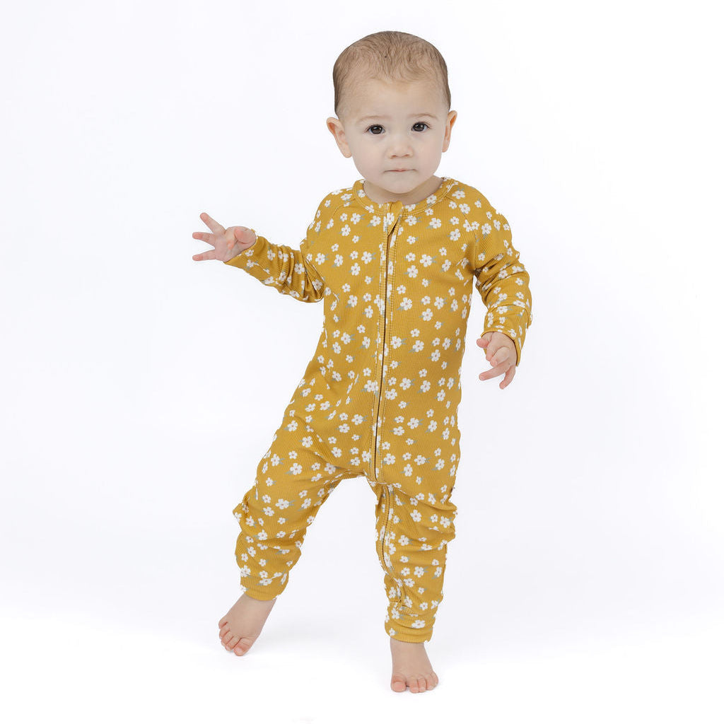 Golden Blooms Ribbed Bamboo Convertible Footie Romper
