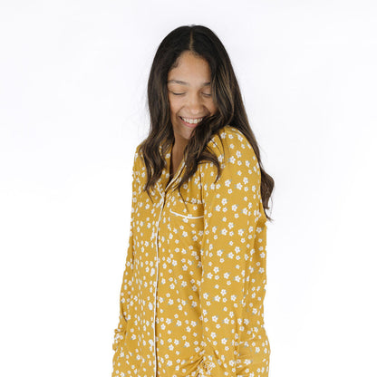 Golden Blooms Womens Ribbed Bamboo Long Sleeve Pants Set