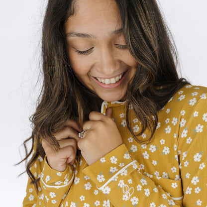Golden Blooms Womens Ribbed Bamboo Long Sleeve Pants Set