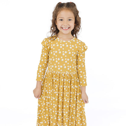 Golden Blooms Long Sleeve Ribbed Bamboo Twirl Dress