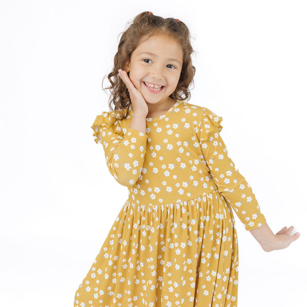 Golden Blooms Long Sleeve Ribbed Bamboo Twirl Dress