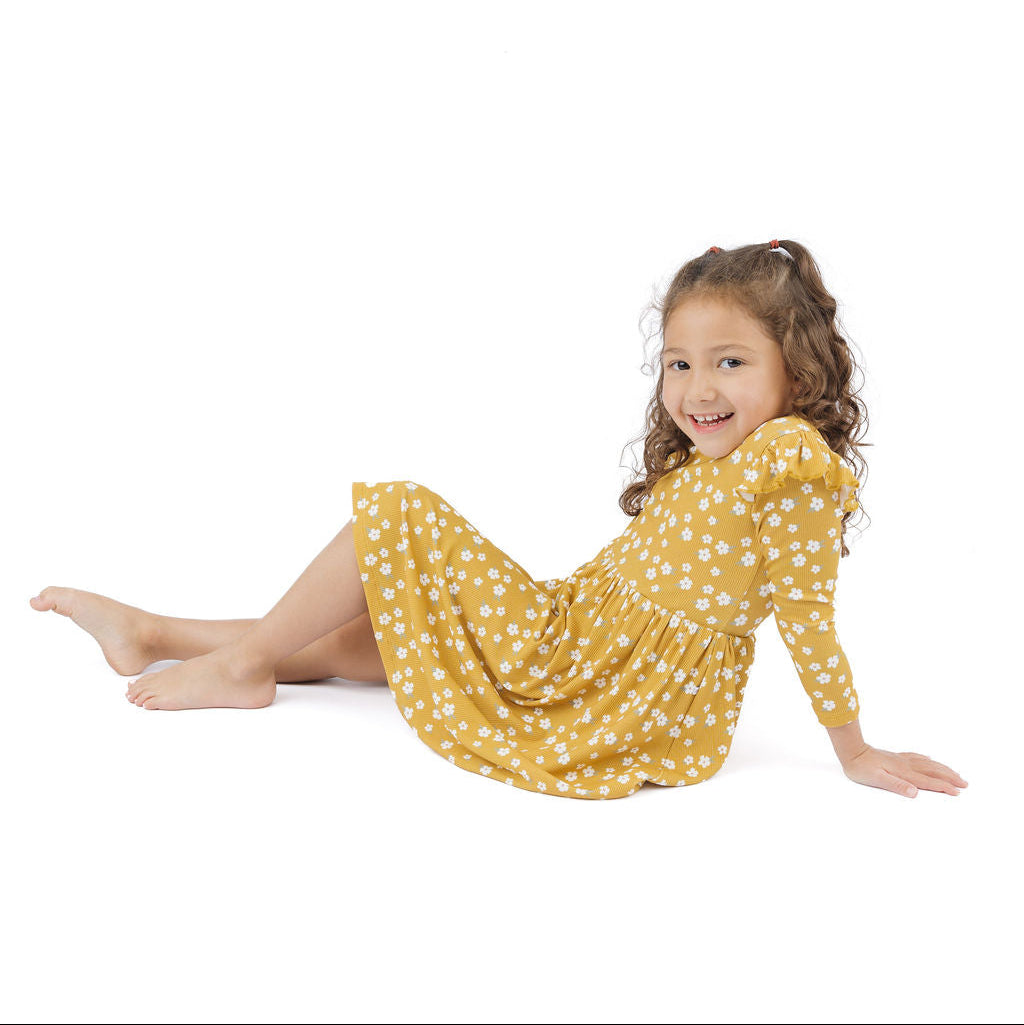 Golden Blooms Long Sleeve Ribbed Bamboo Twirl Dress