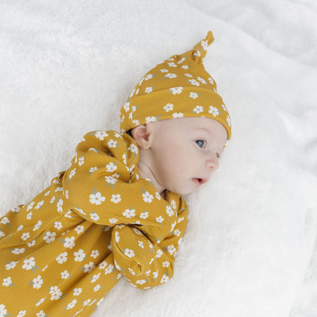 Golden Blooms Ribbed Bamboo Gown and Hat Newborn Baby Gift Set