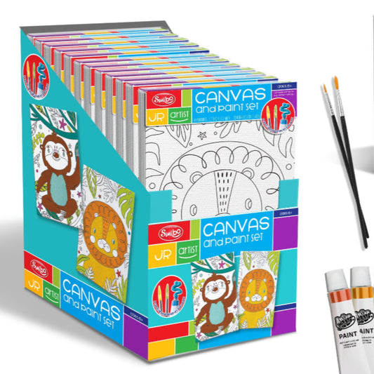 Coloring book set with paint bottles and brushes on a white background