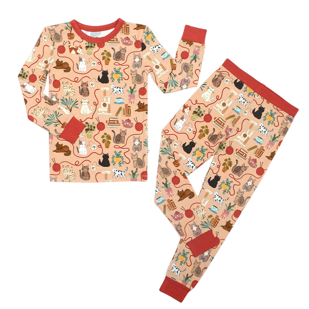 Cats Meow Kids Two-Piece Bamboo Long Sleeve Kids Pajama Pants Set