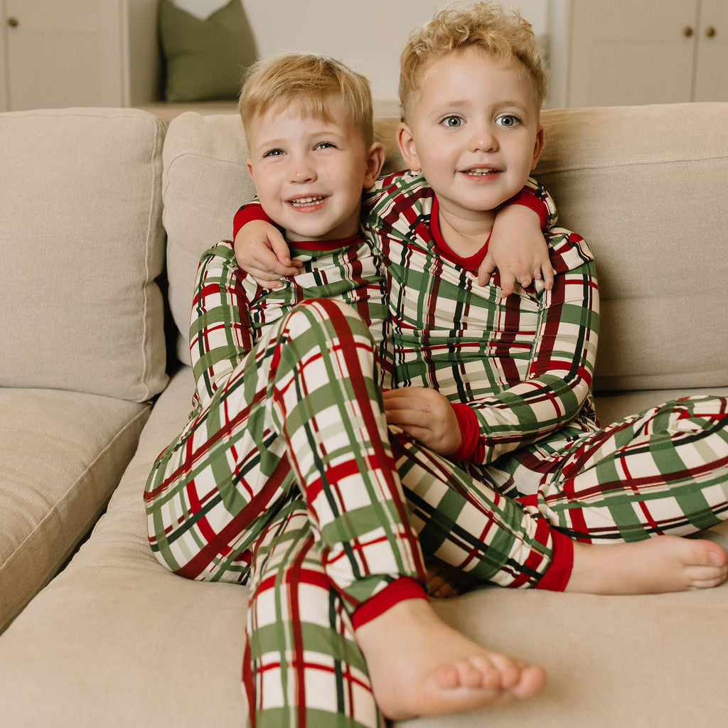 Siblings matching in bamboo holiday plaid