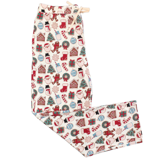 Relaxed fit lounge pajama pants with a milk and cookies Christmas print, featuring holiday motifs such as Santa Claus, reindeer, and Christmas trees on a white background.