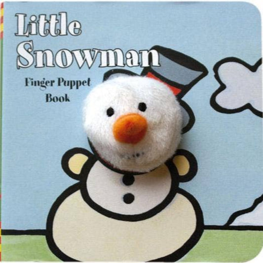 Finger puppet book cover with a snowman on a blue background