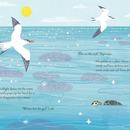 Illustration of birds flying over water with text, likely from a children's book.