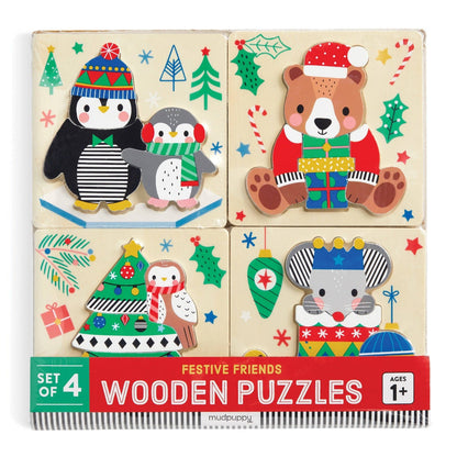 Set of 4 festive wooden puzzles with Christmas-themed illustrations on a beige background.