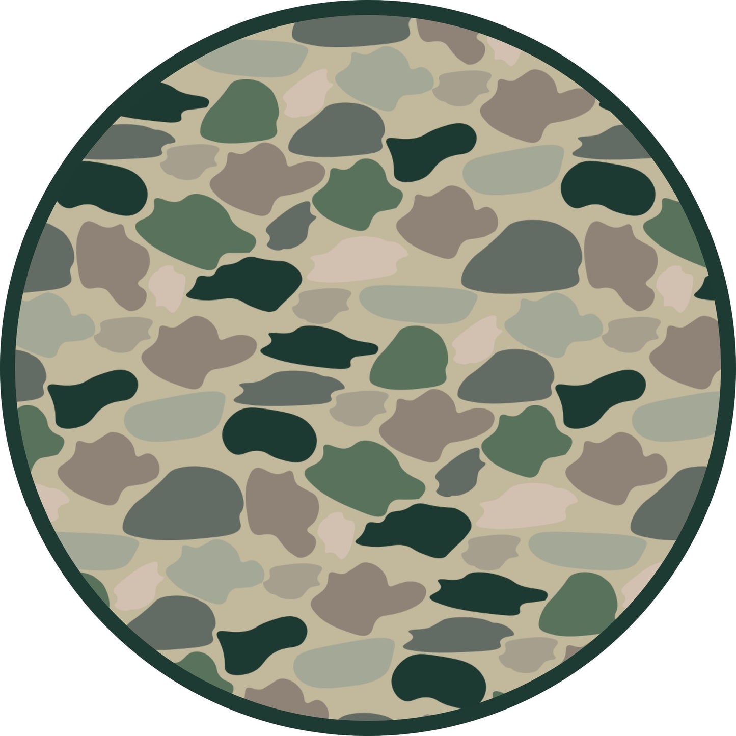 Circular camouflage pattern with green, brown, and beige colors on a white background