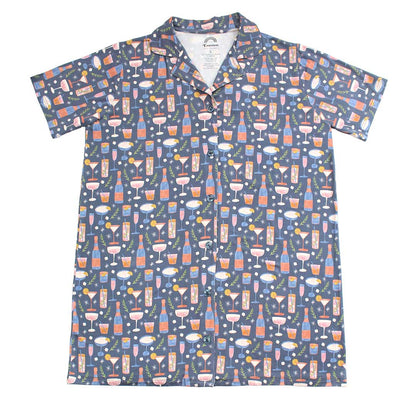 A short-sleeved women's nightgown with a button-down front featuring a pattern with various cocktails and wine glasses on a dark background.