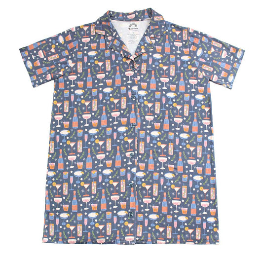 A short-sleeved women's nightgown with a button-down front featuring a pattern with various cocktails and wine glasses on a dark background.