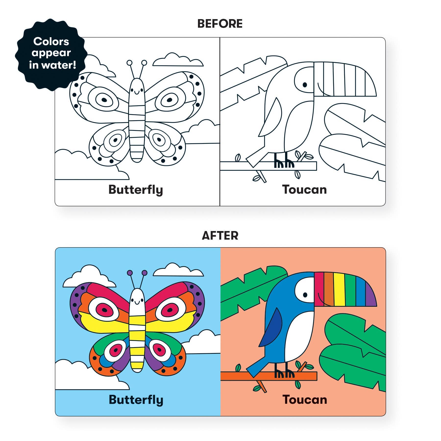 Colorable butterfly and toucan illustrations with 'Before' and 'After' color examples.