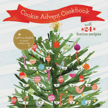 Cookie Advent Cookbook cover with a Christmas tree and festive ornaments