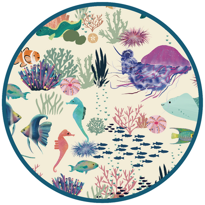 Circle of our Coral Reef print, featuring the colors of the underwater ecosystem. From clown fish, seahorse and sting rays, to sea urchins, coral beds, jelly fish and parrot fish, so many creatures linger about.