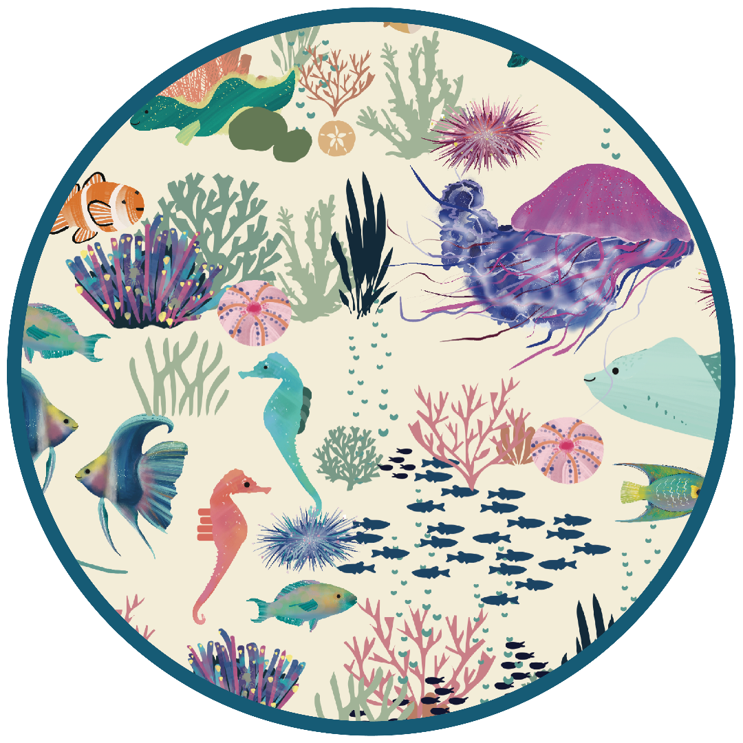 Circle of our Coral Reef print, featuring the colors of the underwater ecosystem. From clown fish, seahorse and sting rays, to sea urchins, coral beds, jelly fish and parrot fish, so many creatures linger about.