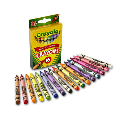 A pack of 16 Crayola crayons featuring vibrant colors, labeled as nontoxic and preferred by teachers.