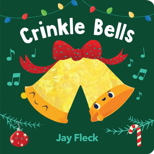 Book cover of 'Cinkle Bells' with a yellow bell and red bow on a green background.