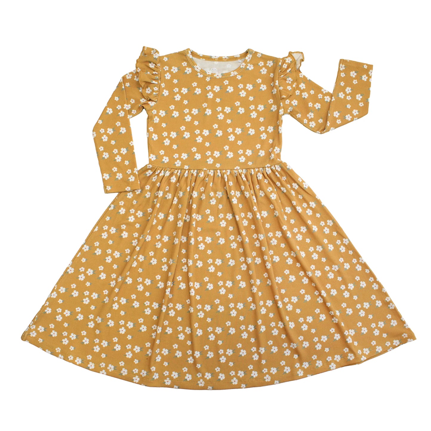 Yellow dress with white floral pattern on a white background
