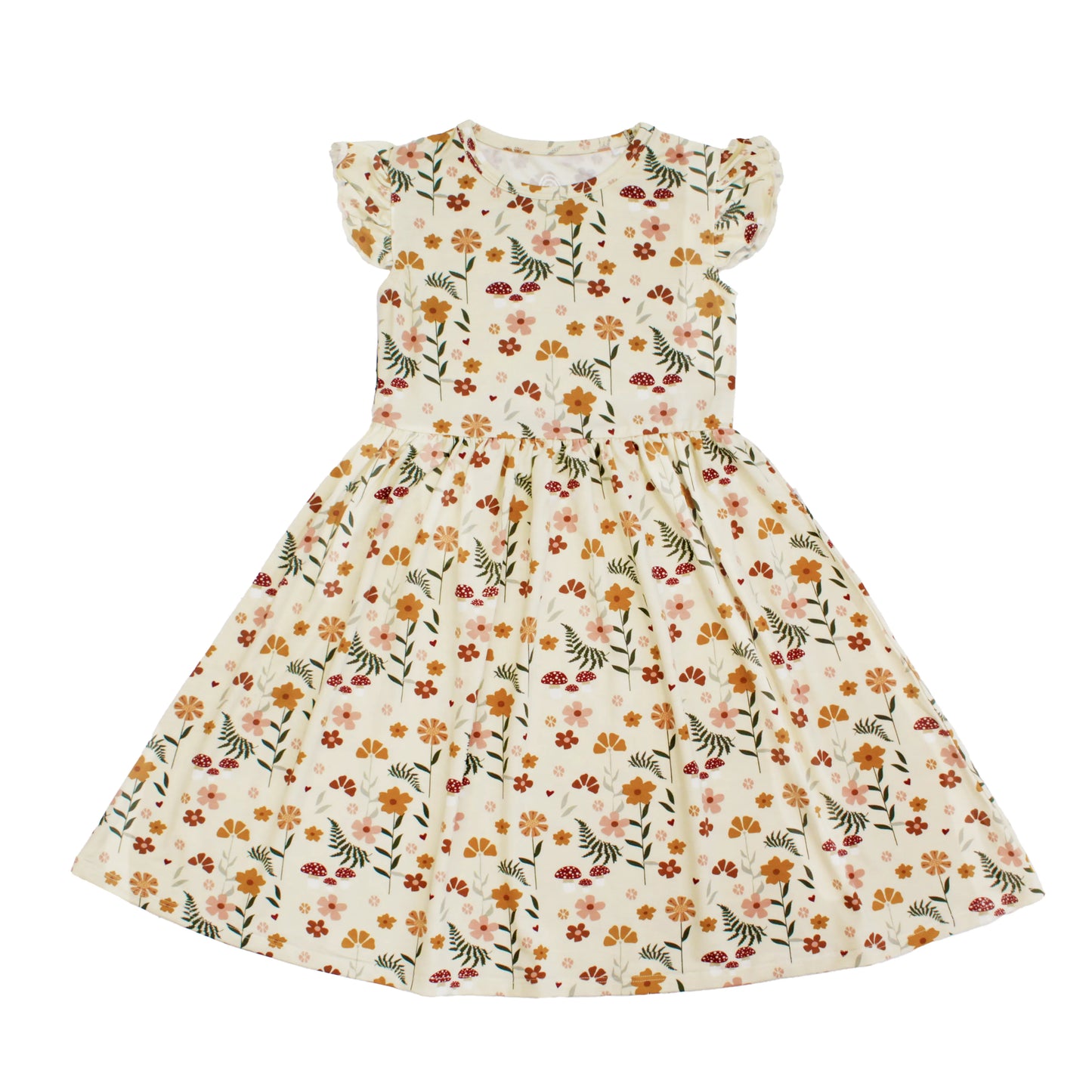 cream dress with mushroom print on white background.