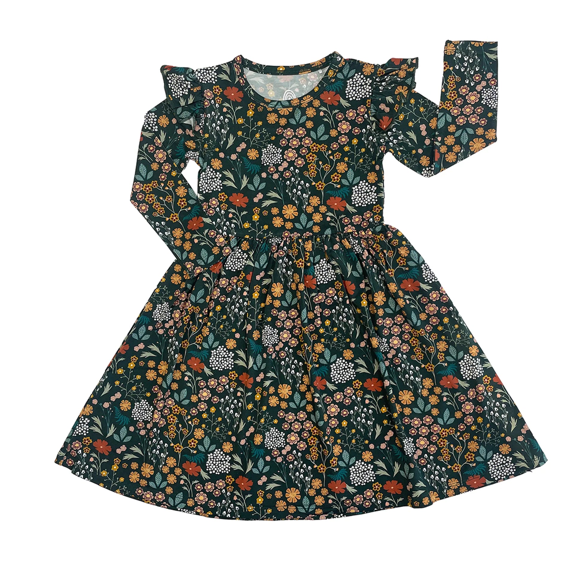 dark green dress with floral print on white background. 