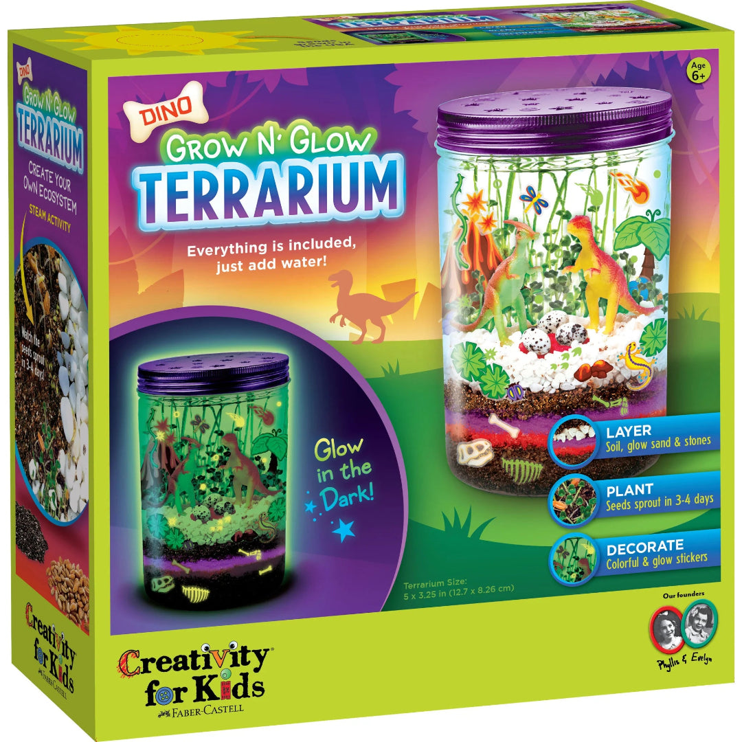 Terrarium kit packaging with dinosaur figures and 'Grow N' Glow Terrarium' text.
