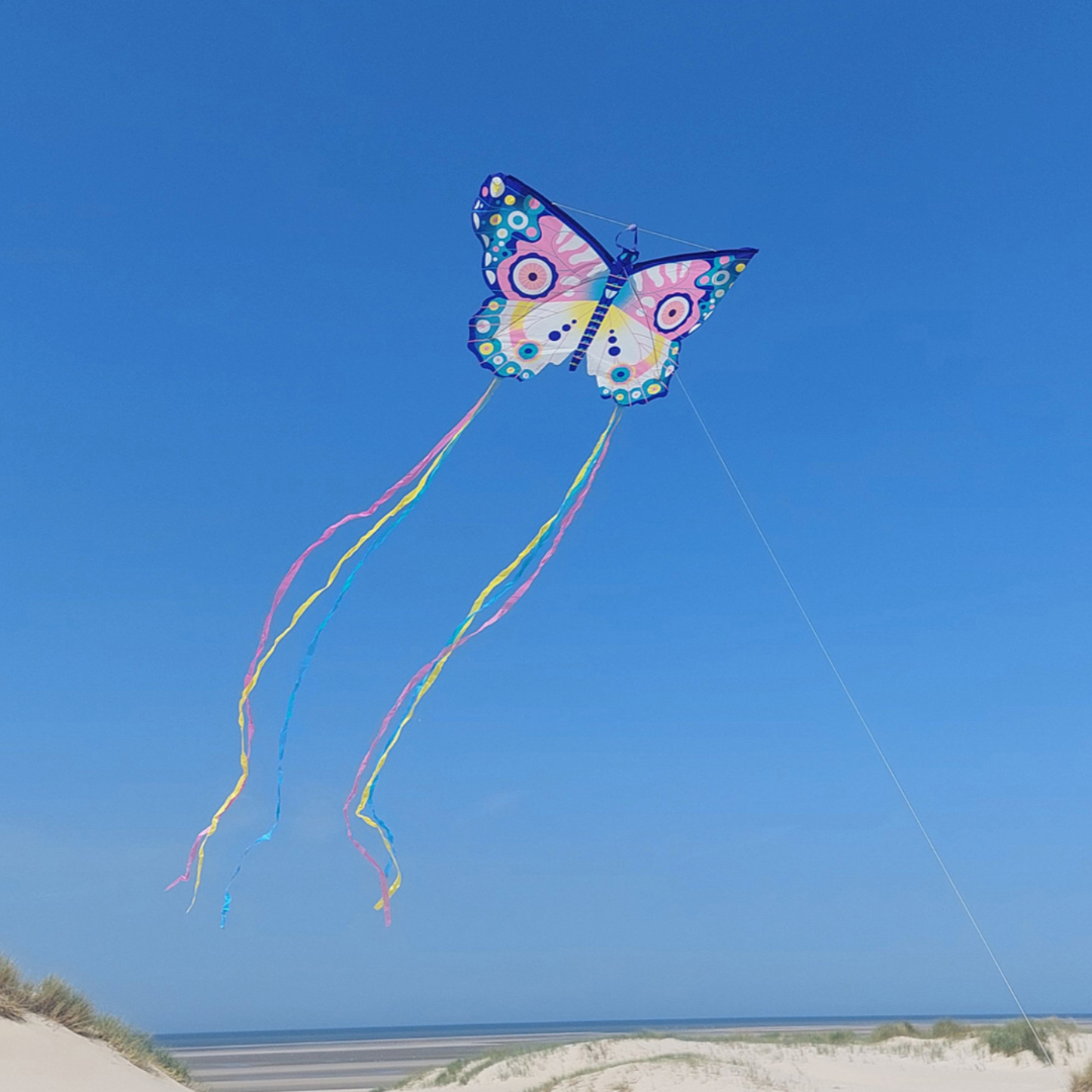 a large butterfly shaped kite with long streamers hanging down from its wings being flown on a beach with a blue sky and sand