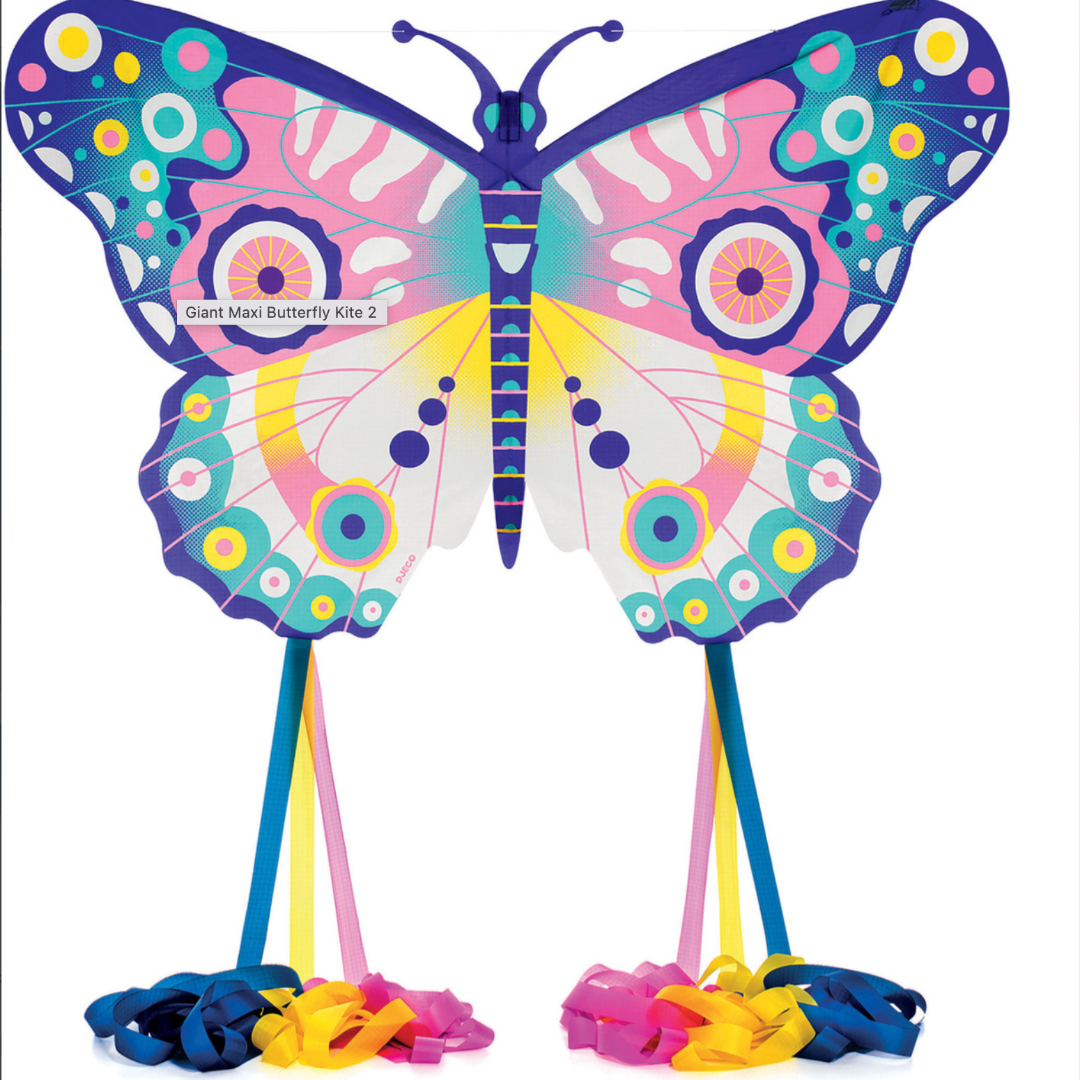 large colorful butterfly kite with 3 colorful steamers hanging at the bottom of each wing. The kite has yellow, pink, purple, blue, white, and teal on it