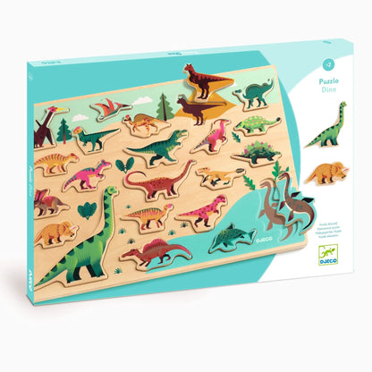 Dinosaur puzzle packaging with colorful illustrations on a white background