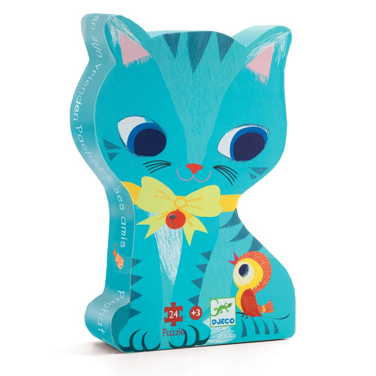 Cat-shaped puzzle with colorful design on a white background