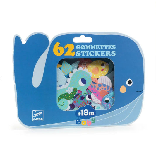 Pack of stickers with a whale-shaped container, featuring colorful sea-themed stickers.