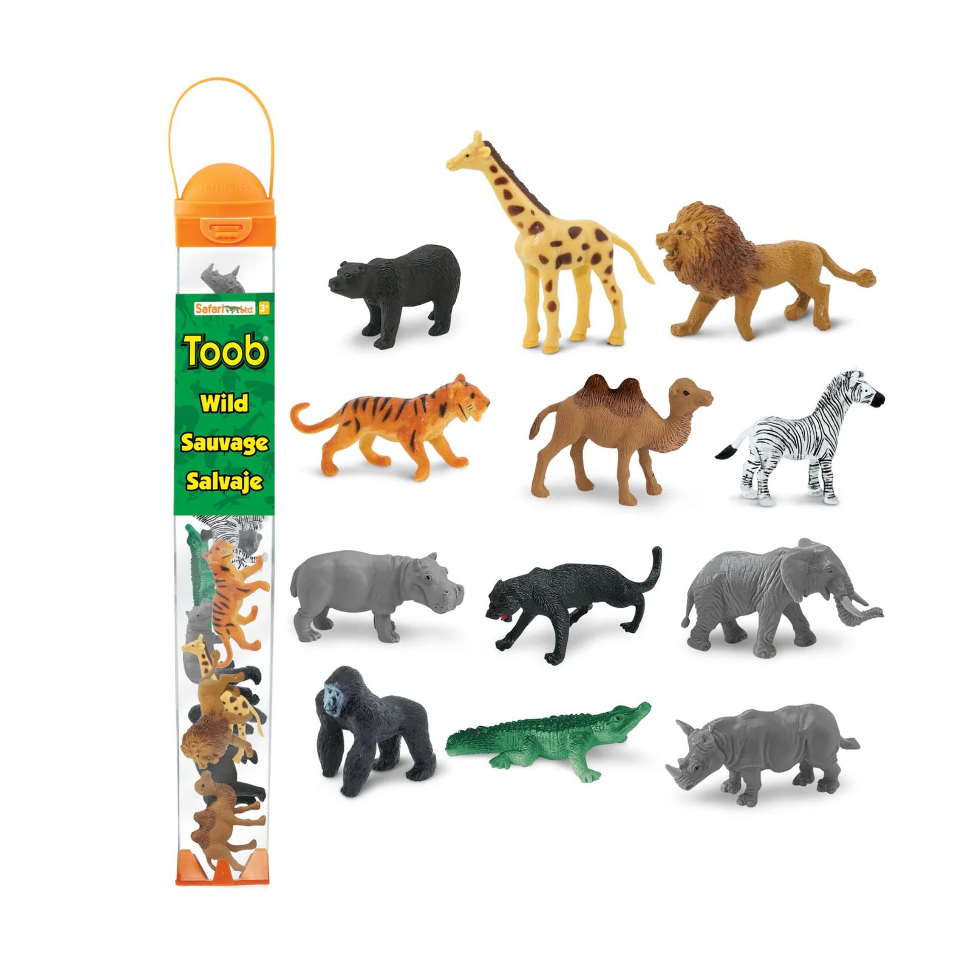 Set of toy animal figures with packaging labeled 'Toob' on a white background