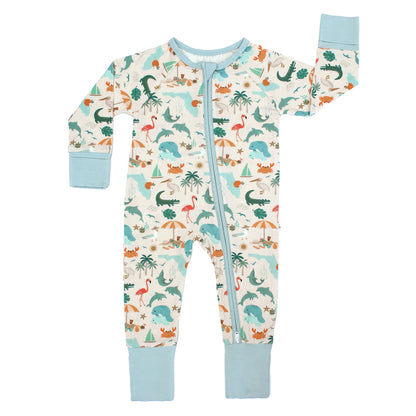 Soft and breathable bamboo convertible baby pajama featuring a vibrant Florida-themed print, perfect for little ones to sleep in comfort.