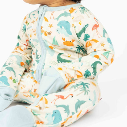 Soft and breathable bamboo convertible pajama featuring a vibrant Florida-themed print with foldable hand and feet covers for babies and toddlers.