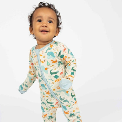 Soft and breathable bamboo convertible pajama featuring a vibrant Florida-themed print with foldable hand and feet covers for babies and toddlers.