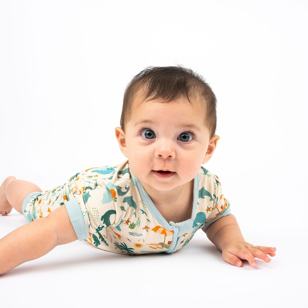 Soft and breathable bamboo shortie romper featuring a vibrant Florida-themed print, perfect for little ones to play and explore in comfort.