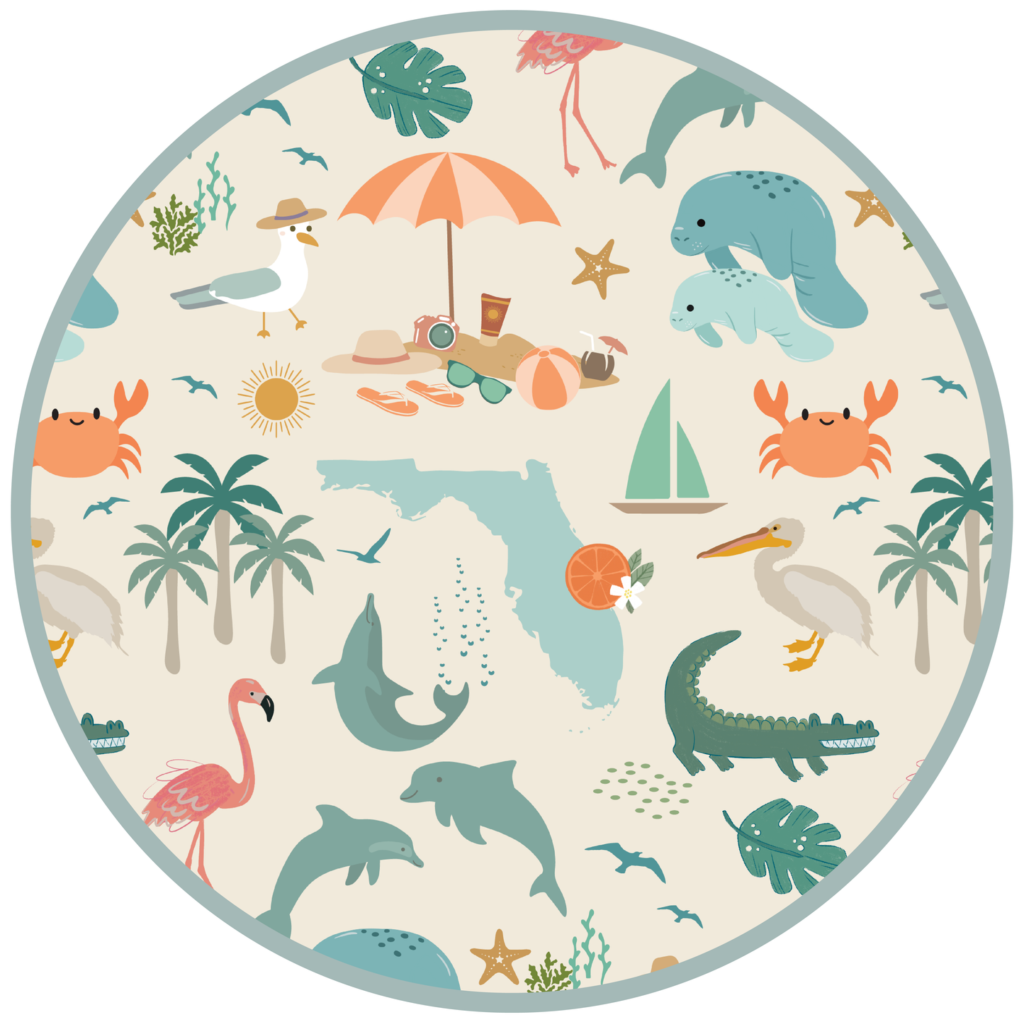 Circle of our vibrant Explore Florida print. Featuring a beach landscape, manatees, sailboats, crabs, seagulls, palm trees, alligators, flamingos, starfish, coral, and dolphins! 