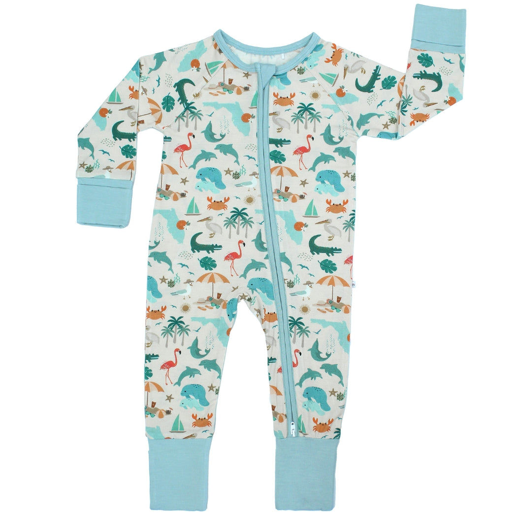 Soft and breathable bamboo convertible pajama featuring a vibrant Florida-themed print with foldable hand and feet covers for babies and toddlers.