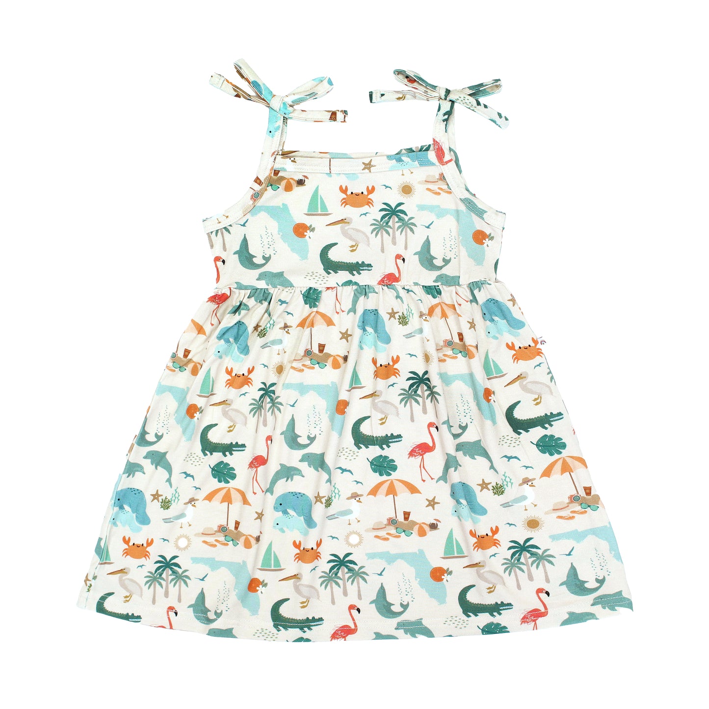 Soft and breathable bamboo day dress featuring a vibrant Florida-themed print and adorable tie shoulders, perfect for babies, toddlers, and kids to wear in comfort and style.