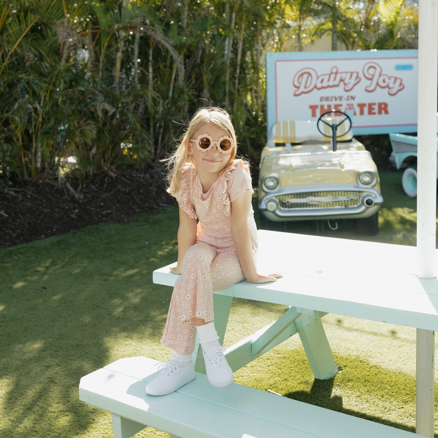 Pink Daisy Ribbed Bamboo Crossback Flare Leg Romper