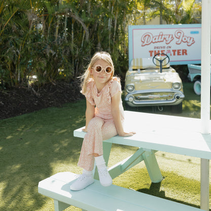 Pink Daisy Ribbed Bamboo Crossback Flare Leg Romper