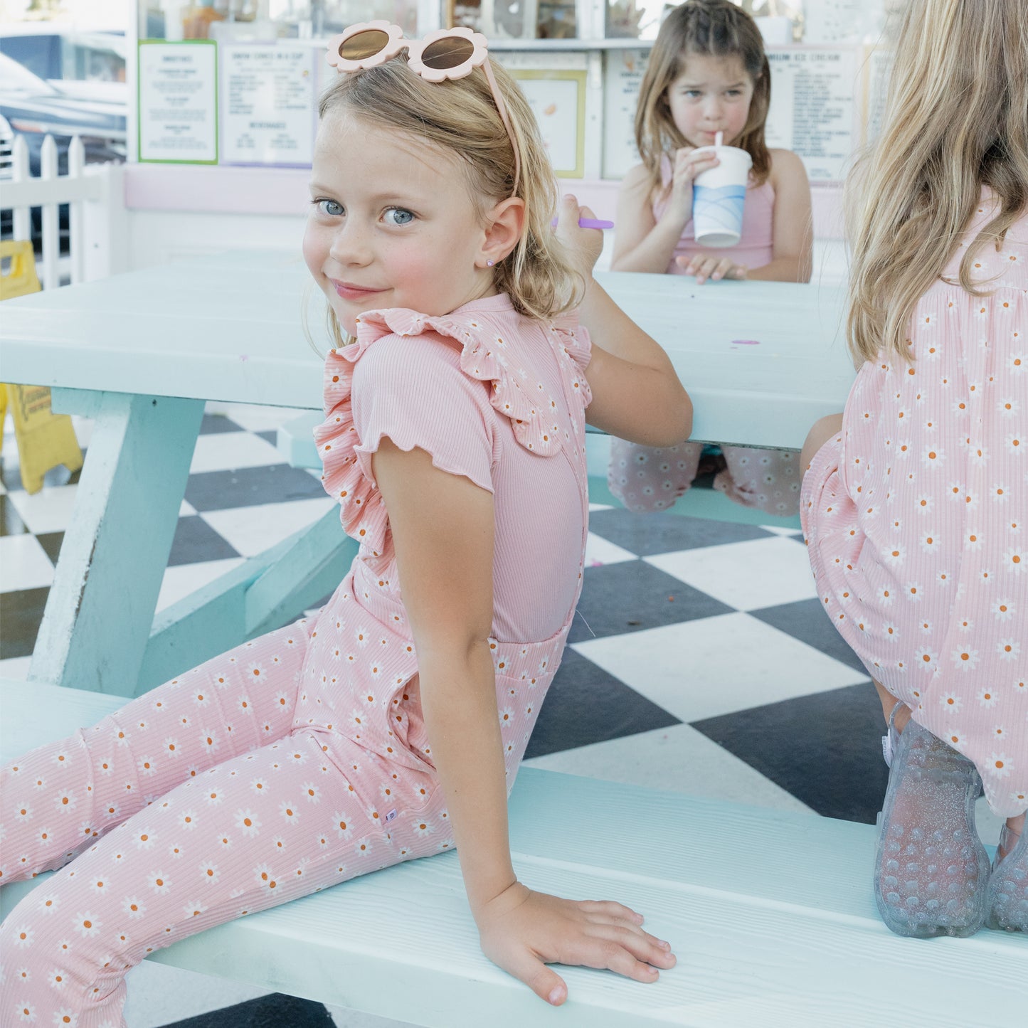 Pink Daisy Ribbed Bamboo Crossback Flare Leg Romper