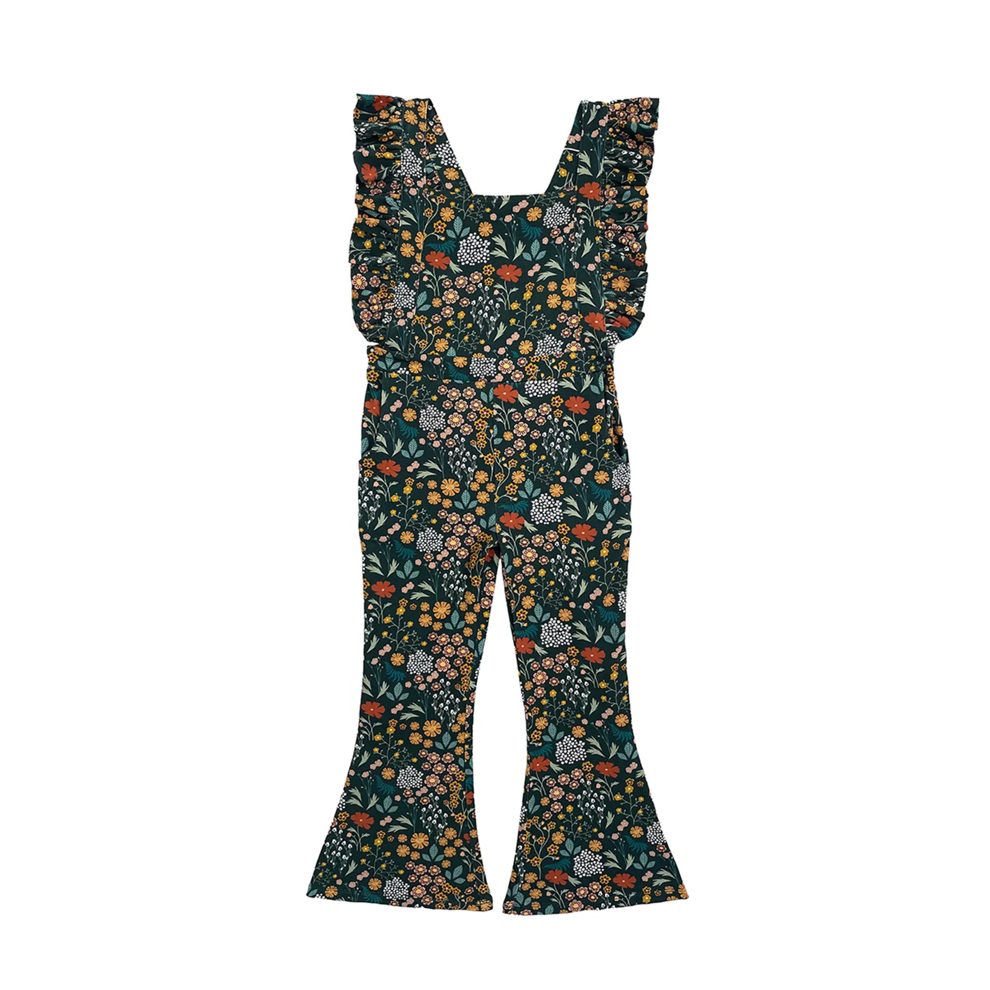 dark green romper with floral print on white background.