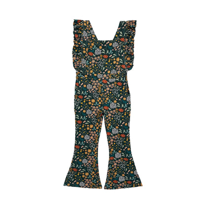 dark green romper with floral print on white background.